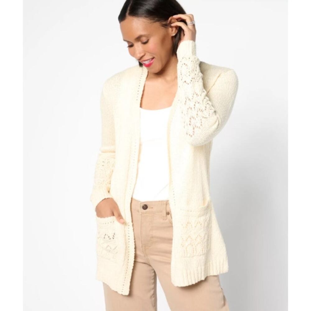 BridgeHampton Isaac Mizrahi Cotton Blend Cream Crochet Open Cardigan Sweater M